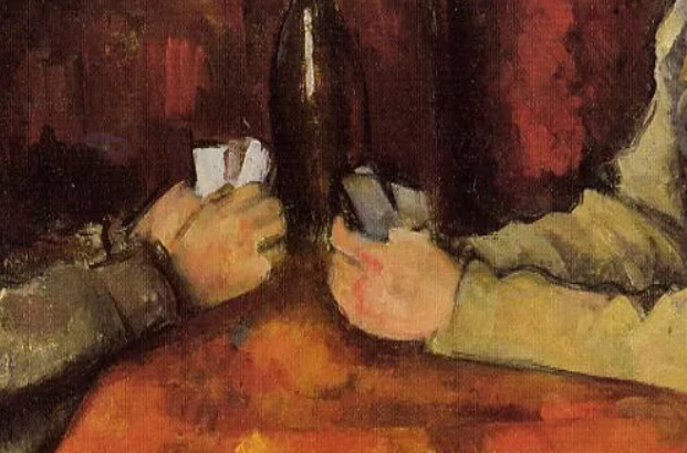 Detail of the hands and pipe in Cezanne's The Card Players, Courtauld version