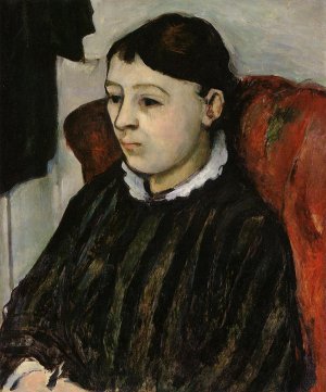 main product photo of Madame Cezanne in a Striped Robe painting by Paul Cezanne