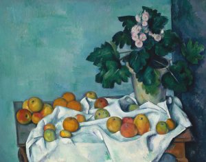 Main Product Photo of Still Life with Apples and a Pot of Primroses Painting by Paul Cezanne