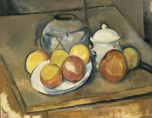 Straw-Trimmed Vase, Sugar Bowl and Apples by Paul Cezanne - Hand-Painted Oil Painting Reproduction